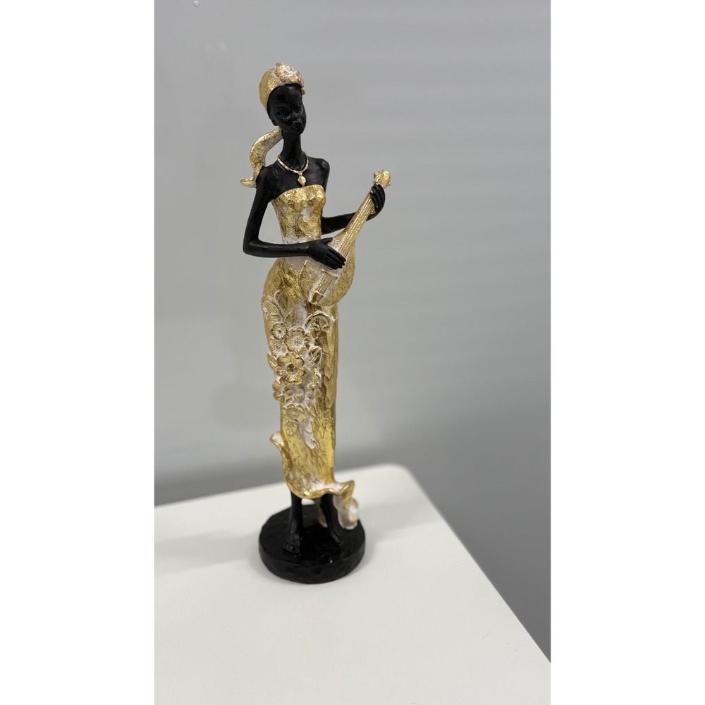 African Woman Musician Figurine Gold White Floral Dress Statue Home Decor